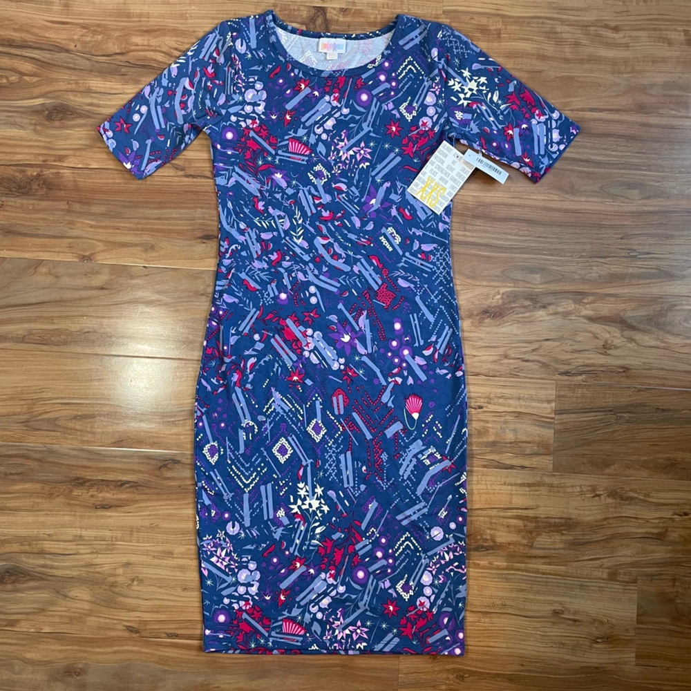 LuLaRoe XXS Julia Pink and Purple Sheath Midi Dress with Short Sleeves